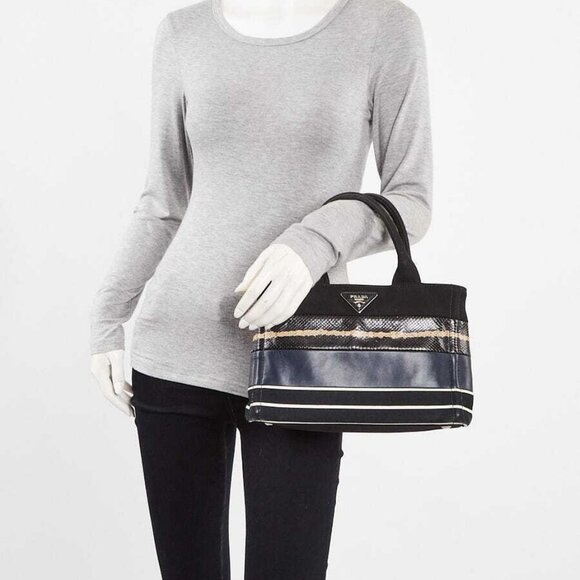 Prada Black/Blue/Beige Canapa Canvas/Leather/Snakeskin Small Tote Bag BG439 - Picture 2 of 12